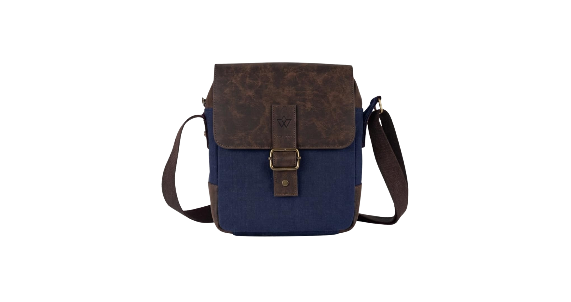 A navy blue canvas crossbody bag with a brown textured leather top flap and matching brown shoulder strap, featuring a brass buckle closure on a white background.