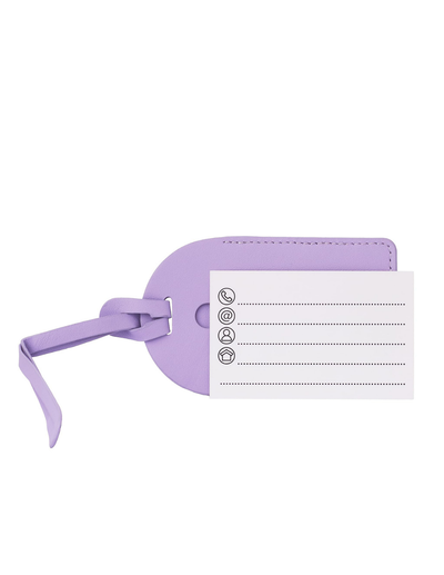 A lavender purple luggage tag with a matching strap and a white paper insert featuring travel information lines and icons, shown on a plain white background.