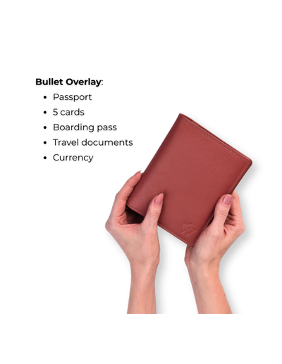 A person's hands holding a reddish-brown leather passport cover or document holder against a white background, with a bullet point overlay listing items it can hold: passport, 5 cards, boarding pass, travel documents, and currency.