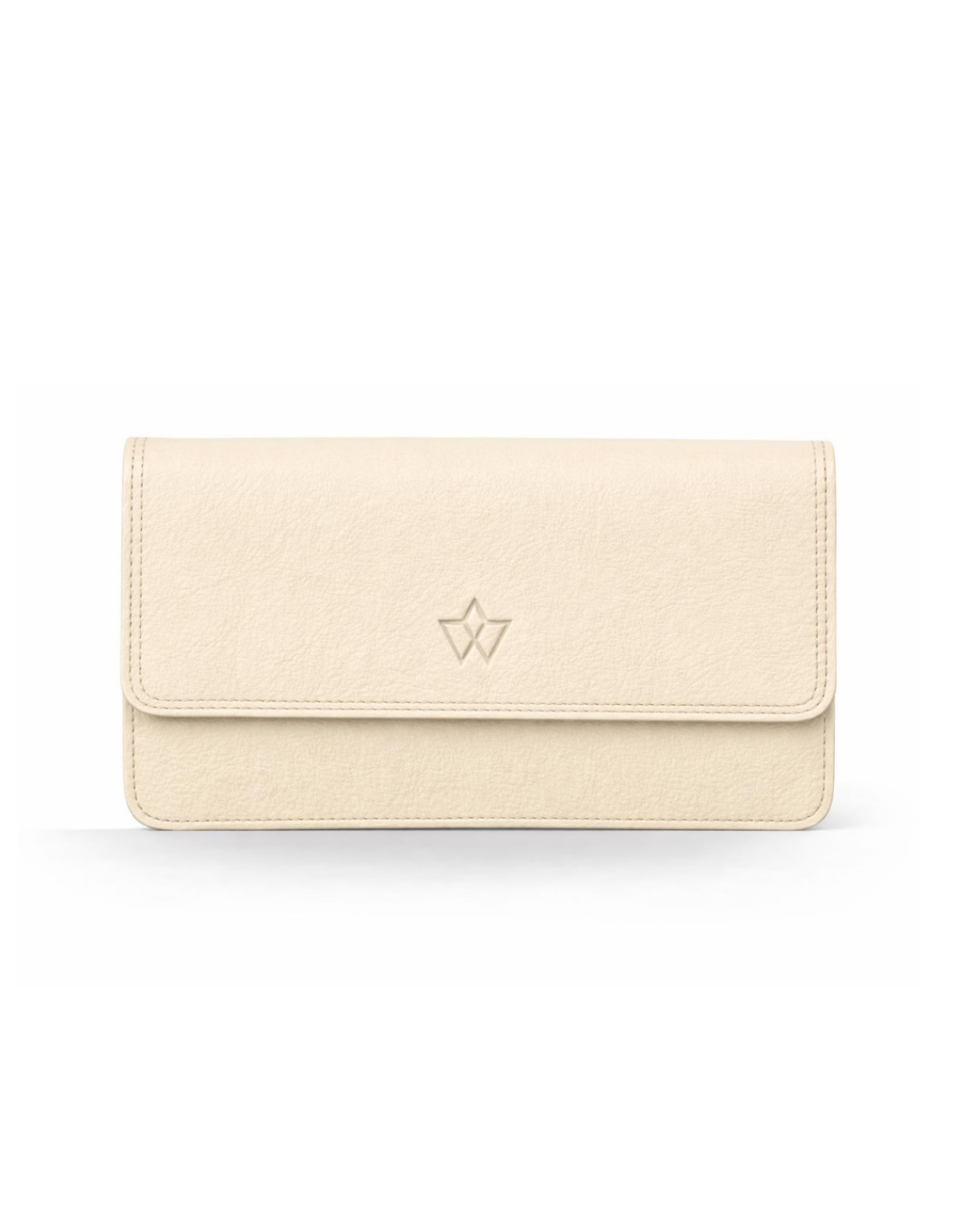 A cream-colored textured leather clutch wallet with a small debossed geometric logo on the front flap, shown against a plain white background.