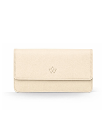 A cream-colored textured leather clutch wallet with a small debossed geometric logo on the front flap, shown against a plain white background.