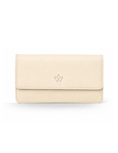 A cream-colored textured leather clutch wallet with a small debossed geometric logo on the front flap, shown against a plain white background.
