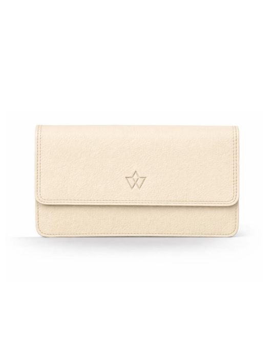 A cream-colored textured leather clutch wallet with a small debossed geometric logo on the front flap, shown against a plain white background.