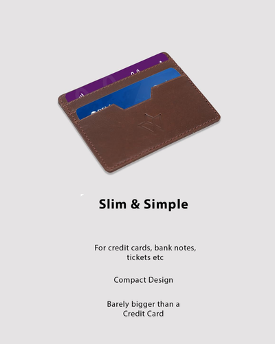 A slim brown leather card holder wallet shown open with sample credit and bank cards inside, on a light gray background with descriptive text below reading 'Slim & Simple'.