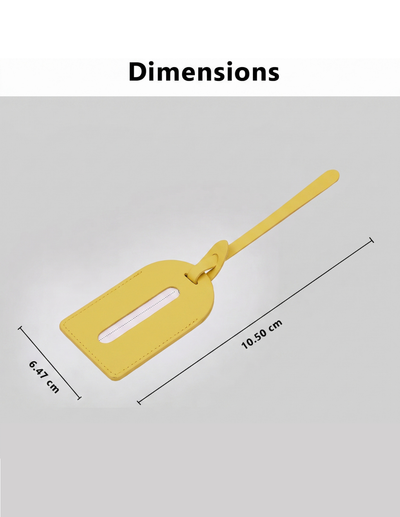 Yellow luggage tag with a white slot window, shown with dimension lines and text indicating 6.47 cm by 10.
