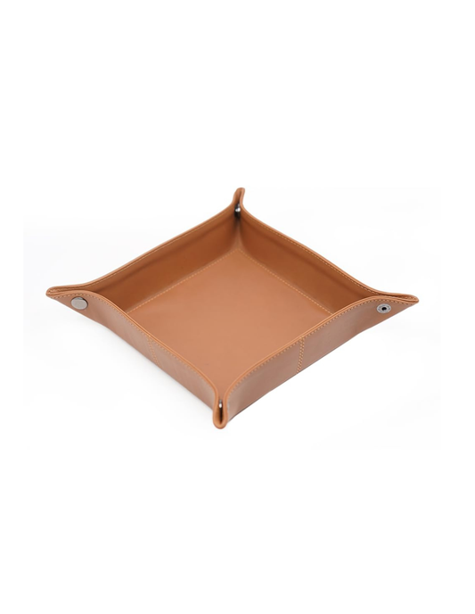 A tan faux-leather square tray with raised edges and metal snap fasteners on the corners, shown on a plain white background.