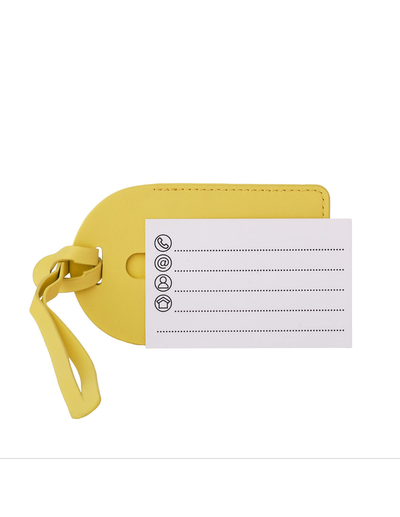 A bright yellow leather luggage tag with a matching wrist strap and a white paper insert card featuring black printed icons and dotted lines, shown on a plain white background.
