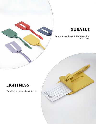A set of five colorful luggage tag clips in green, red, yellow, purple, and blue, shown with text callouts highlighting their durability and lightness.