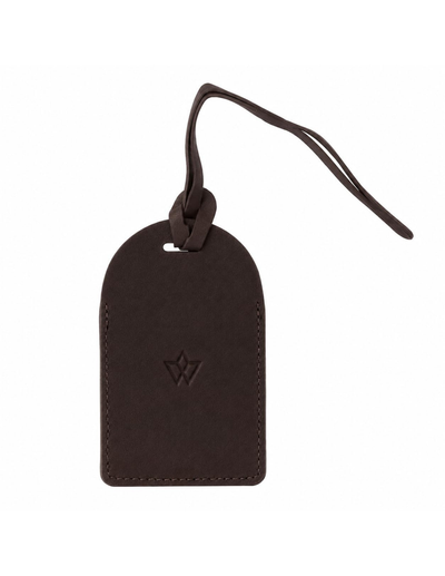 A dark brown leather luggage tag with a matching leather loop and strap, featuring an embossed 'W' monogram logo on the front, set against a plain white background.