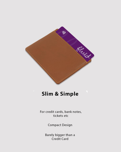 A slim brown leather card holder wallet with a purple card partially inserted, shown on a light gray background with text reading 'Slim & Simple' and additional product features.