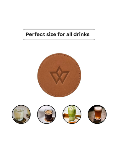 A brown leather drink coaster with an embossed geometric logo in the center, shown on a white background with the text 'Perfect size for all drinks' above it and four small circular photos of drinks below demonstrating use.