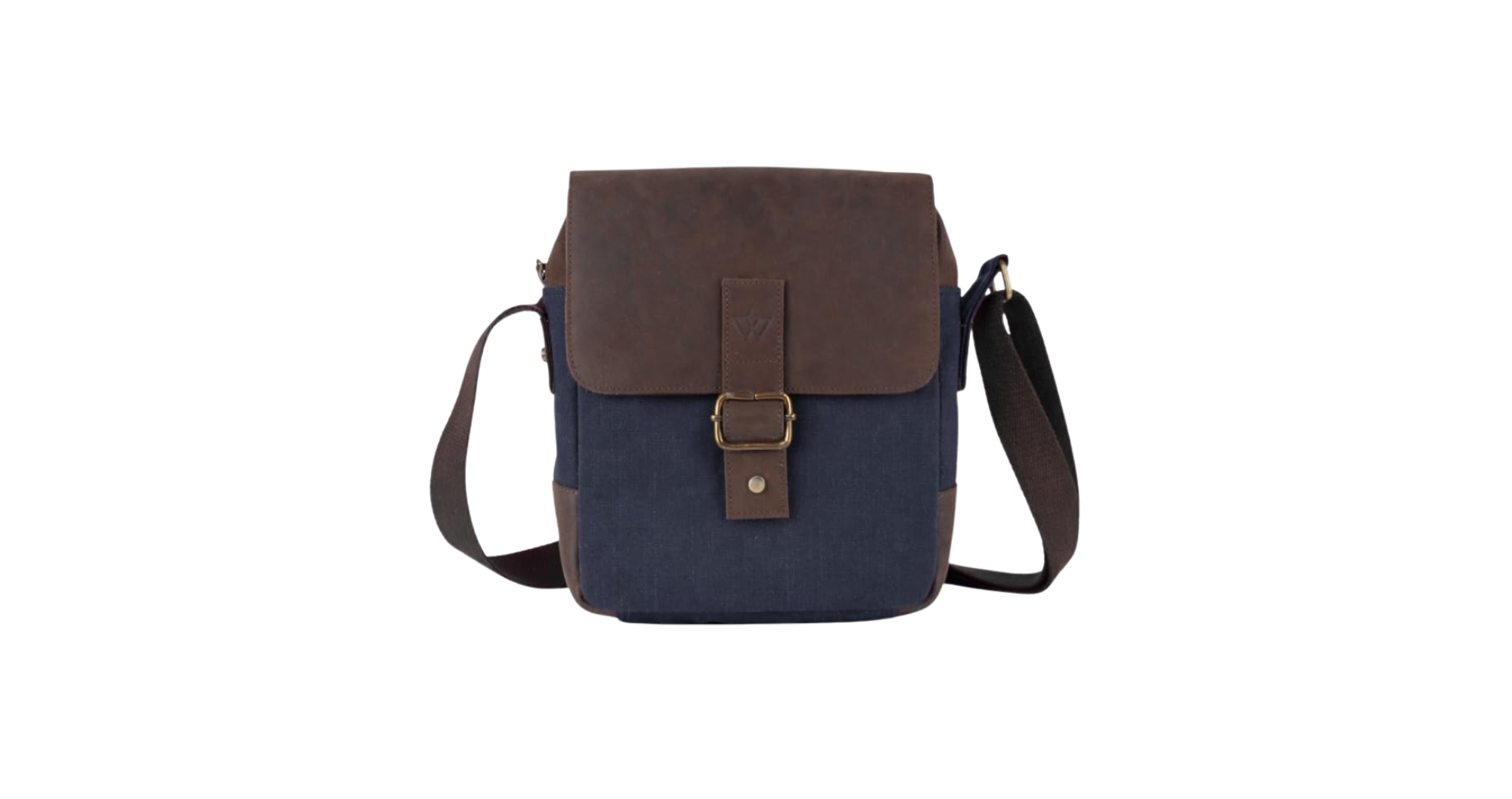 A navy blue canvas and brown leather messenger bag with a brown leather flap, a brown buckle strap, and a dark brown shoulder strap, shown on a plain white background.