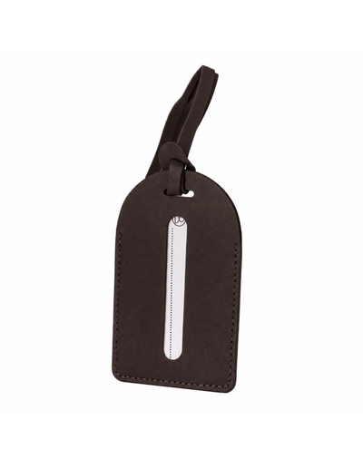 A dark brown leather luggage tag with a vertical silver zipper and a matching leather loop, shown on a plain white background.