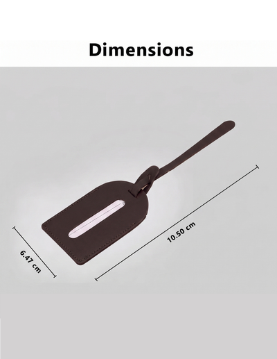 A dark brown luggage tag with a white label slot, shown with dimension lines and text indicating measurements of 10.50 cm by 6.