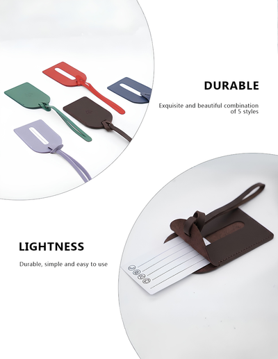 Three leather luggage tags in green, red, and brown are displayed in a circular inset, alongside a close-up of a brown leather tag holding a white luggage card. Text on the right highlights durability and lightness.