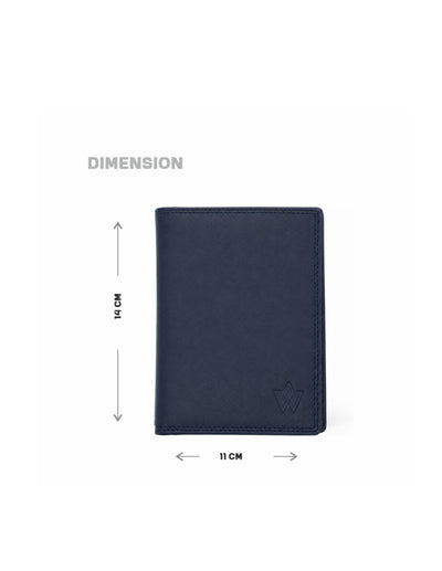 A navy blue leather wallet shown on a white background with dimension arrows and labels indicating 14 cm height and 11 cm width.