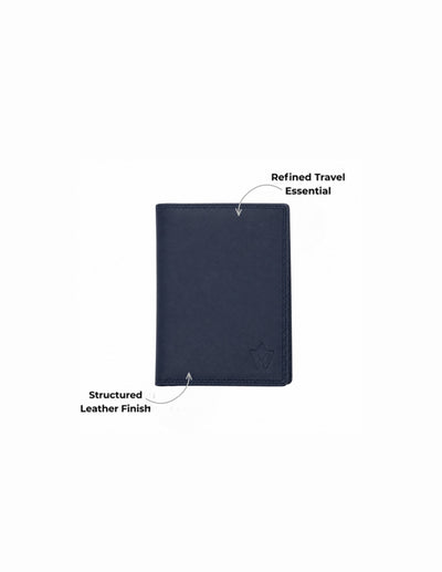 A dark navy blue leather travel wallet shown on a plain white background with two callout text labels pointing to its features: 'Refined Travel Essential' at the top right and 'Structured Leather Finish' at the bottom left.