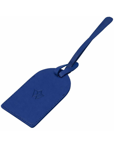 A royal blue leather luggage tag with a matching strap, featuring an embossed geometric logo on the front, set against a plain white background.