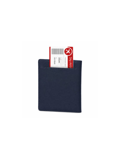 A dark navy blue leather card holder wallet with a red and white travel ticket partially inserted into its top pocket, shown against a plain white background.