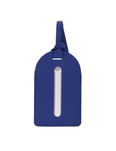 A royal blue leather luggage tag with a vertical silver zipper and a matching blue strap, shown against a plain white background.