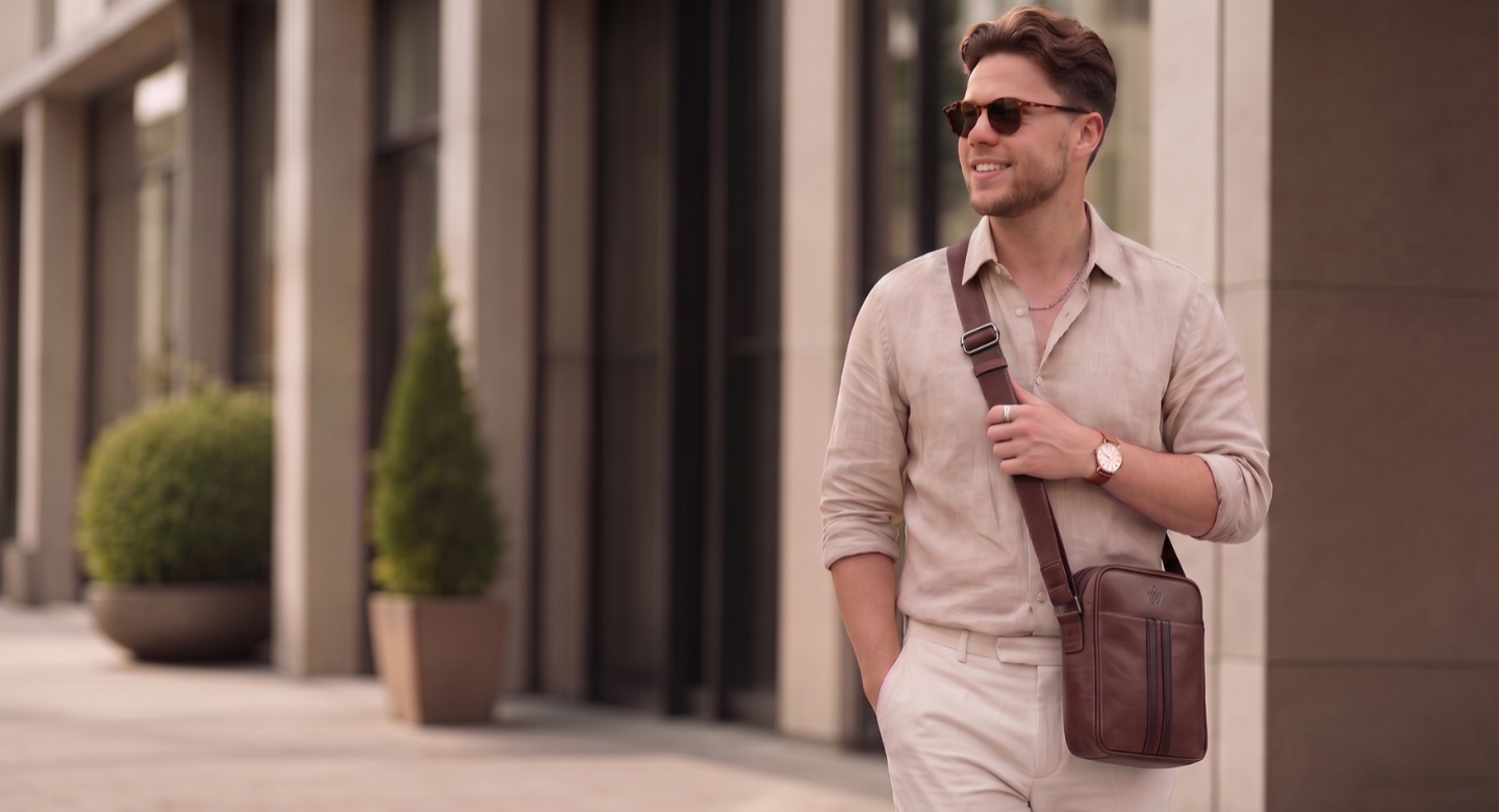 A man wearing sunglasses, a beige linen shirt, and cream trousers walks outdoors carrying a brown leather crossbody messenger bag over his shoulder.