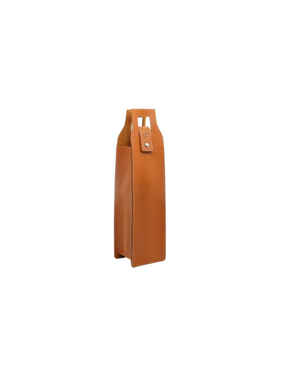 A tall, slim tan leather bag with a structured rectangular body, a top handle cutout, and a small leather tab with a silver snap closure, shown on a plain white background.
