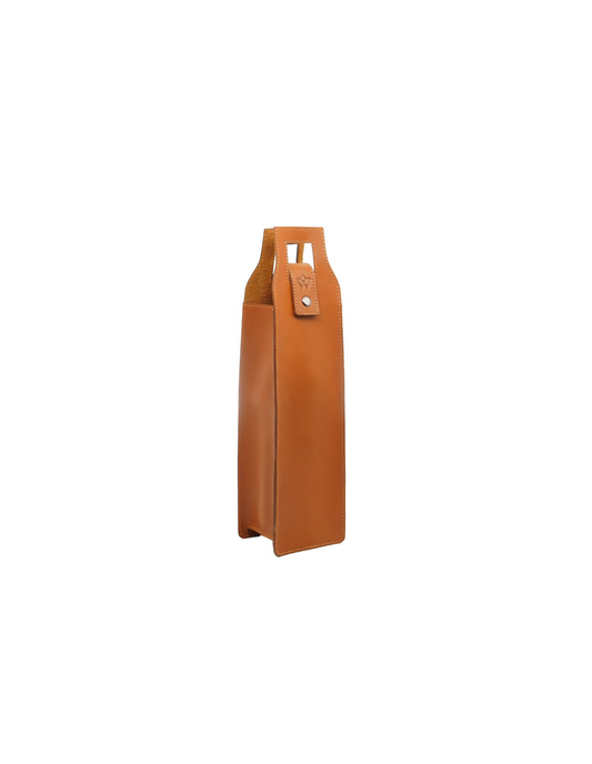 A tall, slim tan leather bag with a structured rectangular body, a top handle cutout, and a small leather tab with a silver snap closure, shown on a plain white background.
