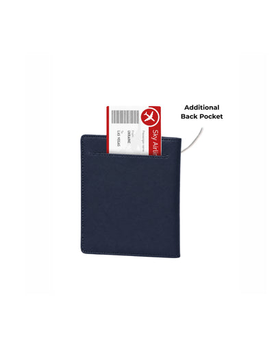A navy blue slim card holder or wallet with an additional back pocket, shown with a boarding pass tucked into the pocket. A line points to the pocket with the text 'Additional Back Pocket' on a plain white background.