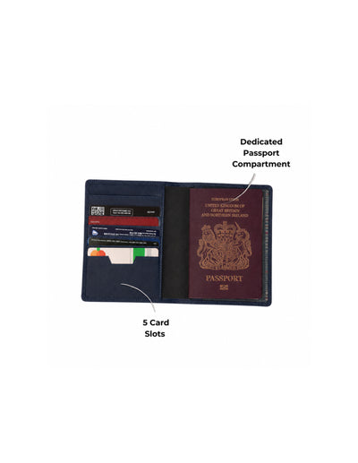 A dark navy blue passport holder shown open on a white background, with callout lines labeling a dedicated passport compartment and 5 card slots. A United Kingdom passport is visible inside.