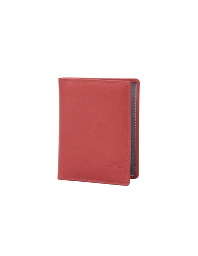 A red leather passport cover or slim wallet with a debossed star logo on the bottom right, shown standing upright on a plain white background.