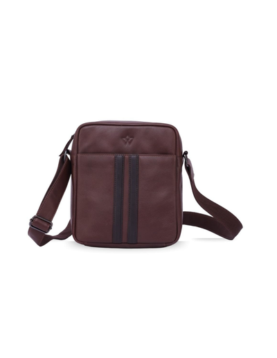 A dark brown leather crossbody bag with a front pocket featuring two vertical dark stripes and a small embossed logo, shown on a plain white background.