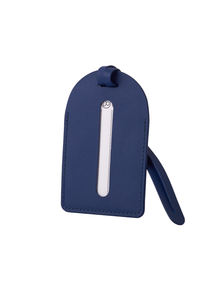 A navy blue leather luggage tag with a vertical reflective strip and a matching wrist strap, shown on a plain white background.