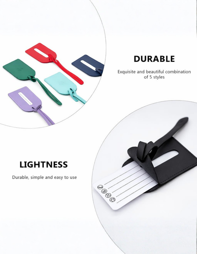 A set of lightweight luggage tags shown in two circular product detail panels with marketing text. The top-left panel shows five color options: green, red, navy, light blue, and lavender.