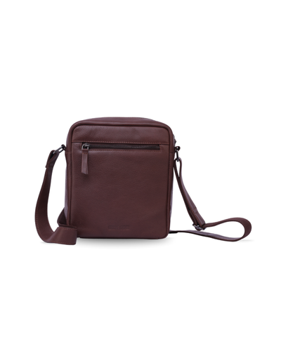 A dark burgundy leather crossbody bag with a front zippered pocket and a matching adjustable shoulder strap, shown against a plain white background.