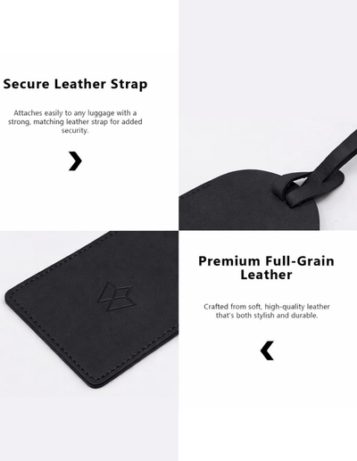A black leather luggage tag shown in a four-panel infographic with text highlighting features: 'Secure Leather Strap,' 'Premium Full-Grain Leather,' and a close-up of the strap attachment.
