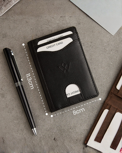 Black leather card holder wallet shown on a gray textured surface with a black pen beside it. White dashed lines indicate dimensions of 11.