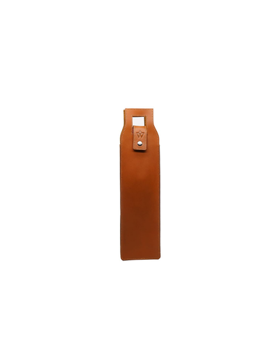 A slim, rectangular brown leather accessory with a small metal snap and a tiny embossed logo, centered on a plain white background.