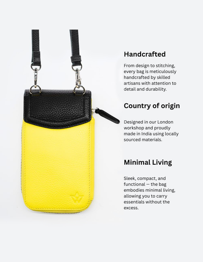 A bright yellow and black crossbody phone pouch with a black strap, shown on a light gray background next to descriptive text highlighting its handcrafted quality, Indian origin, and minimalist design.