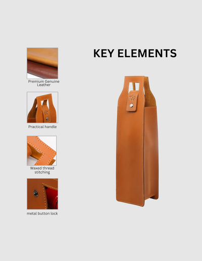 A tan leather key holder or sleeve shown on a light gray background with the headline 'KEY ELEMENTS' and four inset detail photos labeled for genuine leather, practical handle, waxed thread stitching, and metal button lock.