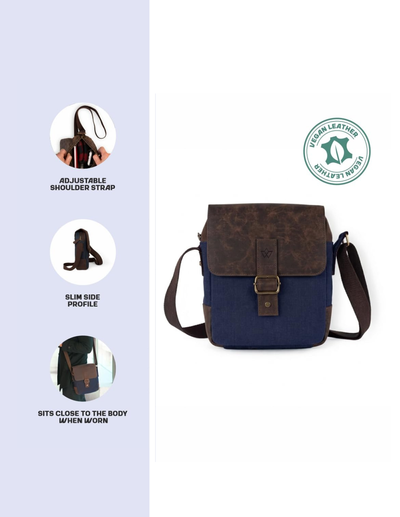 A navy blue and brown crossbody bag with an adjustable shoulder strap, shown on a white background with feature callouts on the left and a sheep leather badge on the right.