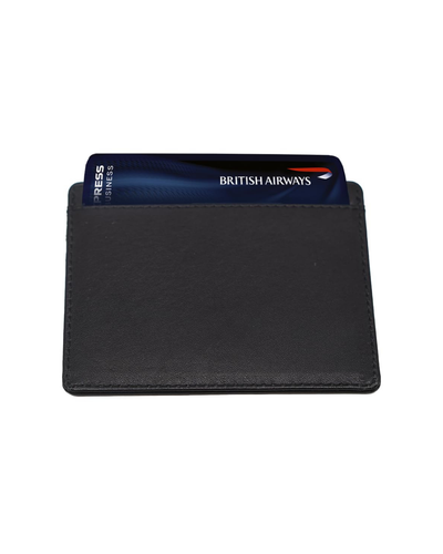 A black leather cardholder wallet with a dark blue British Airways card partially inserted, shown against a plain white background.