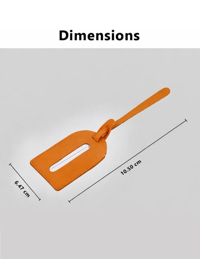 An orange leather luggage tag with a cutout handle, shown with dimension lines and text indicating its size as 10.50 cm by 6.