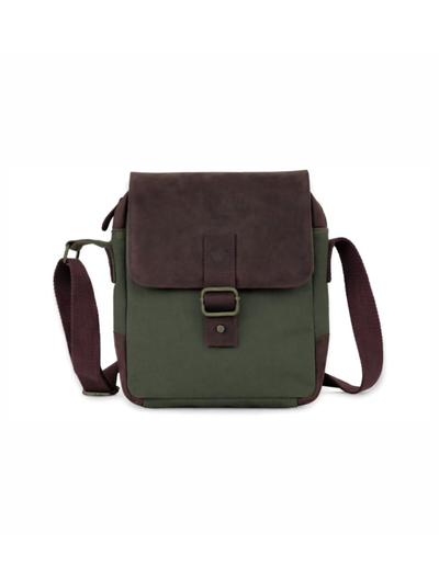 A rectangular messenger bag in olive green canvas with dark brown suede-like flap and trim, featuring a front buckle closure and a detachable shoulder strap, shown on a plain white background.