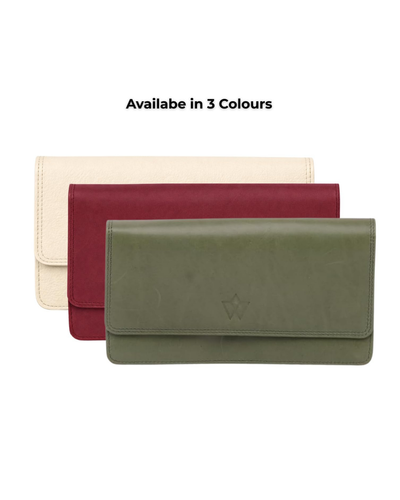 Three leather folio-style pouches or wallet-like accessories shown in cream, burgundy, and olive green on a white background, with the text 'Availabe in 3 Colours' above them.
