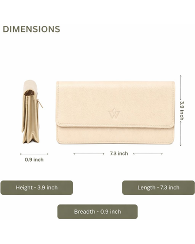 A product dimension diagram showing a beige coloured envelope-style wallet or clutch with a small embossed logo, alongside a side view. The image includes labeled measurements for height, length, and breadth on a white background.