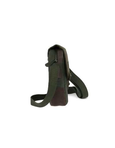 An olive green crossbody bag with a dark brown leather accent panel and matching strap, shown from a side profile view on a plain white background.