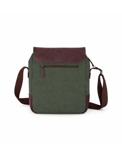 A rectangular messenger bag in olive green canvas with dark burgundy leather trim, a front zip pocket, and a matching shoulder strap, shown against a plain white background.
