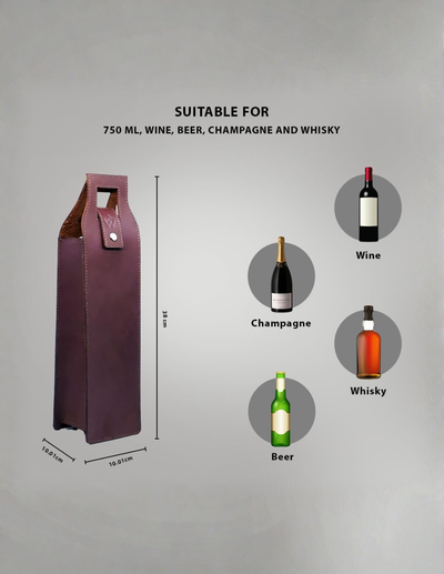 A tall, narrow wine bottle carrier bag in a dark plum purple color, shown with dimension lines indicating its height and width. The image includes text stating 'SUITABLE FOR 750 ML, WINE, BEER, CHAMPAGNE AND WHISKERY' and circular icons showing wine, champagne, whisky, and beer bottles.