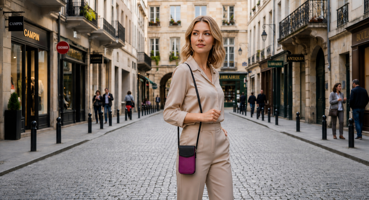 A woman stands on a cobblestone city street wearing a beige collared shirt and matching trousers, with a small black shoulder bag featuring a purple front pocket. Buildings, pedestrians, and storefronts are visible in the background.