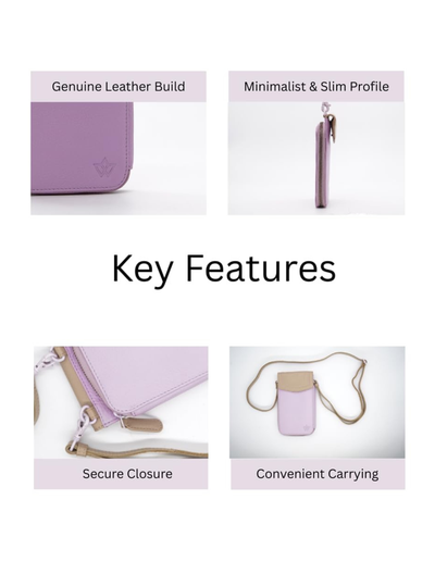 A product feature infographic for a lavender leather card holder or wallet. The graphic shows four panels labeled 'Genuine Leather Build', 'Minimalist & Slim Profile', 'Secure Closure', and 'Convenient Carrying' on a white background with a central 'Key Features' heading.